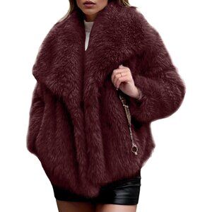 Womens Wine Red Faux Fur Coat Shaggy Fluffy Jacket Long Sleeve Winter Outwear